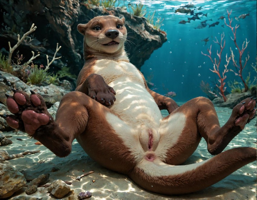 anus female feral genitals looking_at_viewer pawpads paws pussy solo spread_legs spreading underwater water jelloponies lutrine mammal mustelid river_otter hi_res