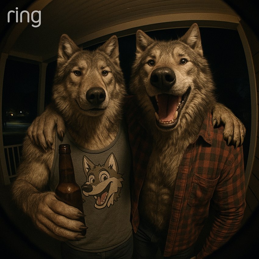 alcohol anthro beer beverage bottle clothed clothing duo fisheye_lens front_view hand_on_shoulder looking_at_viewer male male/male night outside pattern_clothing photorealism photorealistic plaid plaid_clothing porch realistic realistic_fur realistic_lighting shirt smile tank_top teeth tongue topwear delken canid canine canis mammal wolf