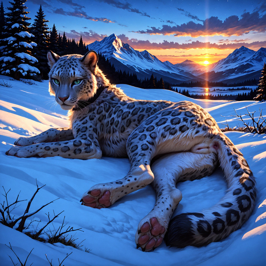 4_toes anatomically_correct anatomically_correct_genitalia animal_genitalia animal_pussy anus detailed_background digitigrade feet feline_genitalia feline_pussy female feral genitals looking_at_viewer lying markings mountains nails on_side outside pawpads paws pupils pussy slit_pupils snow solo spots spotted_markings sun sunrise tail_anus toes whiskers pleasedontlook felid feline mammal pantherine snow_leopard hi_res