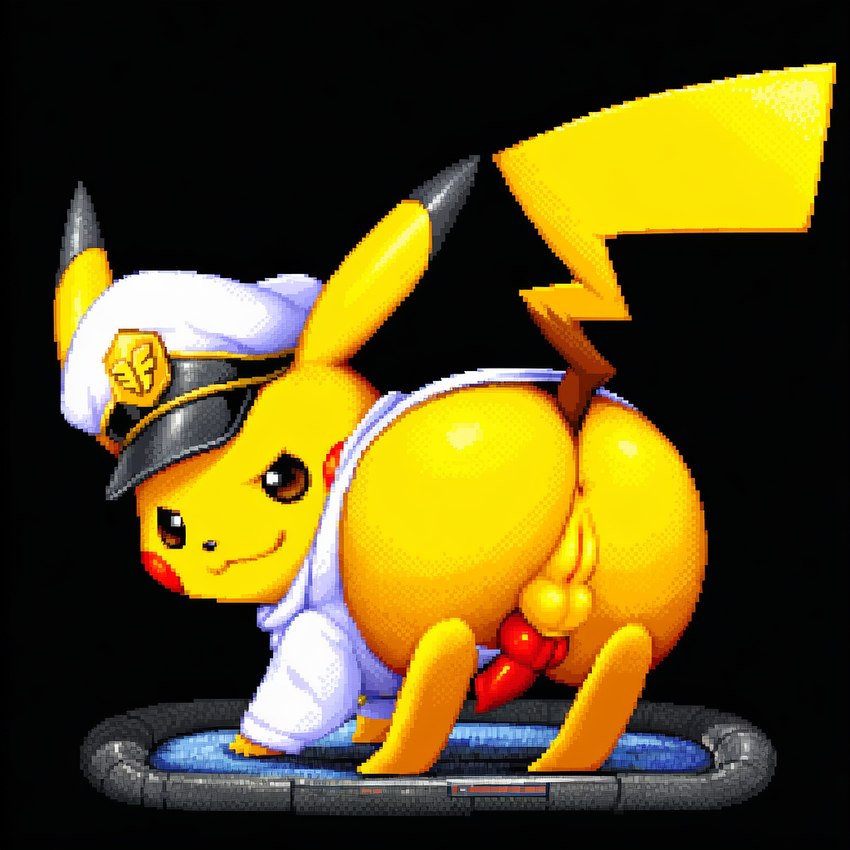 all_fours animal_genitalia animal_penis anus balls bottomless brown_eyes butt canine_genitalia canine_penis clothed clothing erection feet_up fur genitals hat headgear headwear intersex looking_at_viewer looking_back looking_back_at_viewer maleherm peaked_cap penis presenting presenting_anus presenting_balls presenting_hindquarters presenting_penis presenting_pussy pussy raised_tail scarf shirt smile solo topwear white_clothing white_hat white_headwear white_scarf white_shirt white_topwear yellow_body yellow_fur jomisa nintendo pokemon captain_pikachu generation_1_pokemon pikachu pokemon_(species) digital_media_(artwork) pixel_(artwork)