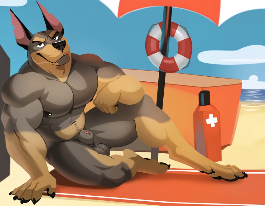 animal_genitalia anthro atmospheric_perspective balls beach beach_umbrella black_claws blue_sky broad_shoulders bushy_tail canine_ears canine_genitalia canine_nose claws digitigrade docked_tail ears_up exhibitionism fully_sheathed fur genitals lifeguard male mature_male muscular muscular_anthro muscular_arms muscular_legs nipples paw_pose pawpads paws pecs pose prick_ears relaxed rescue_equipment sand seaside sheath short_fur short_tail sitting sky smug solo summer tan_body tan_fur towel director_kovin-ai-fterdark canid canine canis dobermann domestic_dog mammal pinscher absurd_res hi_res warm_colors