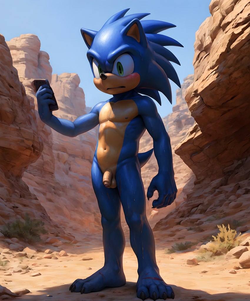 anthro balls barefoot blue_body blue_fur cellphone claws desert detailed_background feet flaccid foreskin fur genitals holding_object holding_phone humanoid_genitalia humanoid_penis male navel nipples nude outside penis phone scars sega small_penis solo sonic_the_hedgehog_(series) sonic_the_hedgehog eulipotyphlan hedgehog mammal absurd_res hi_res