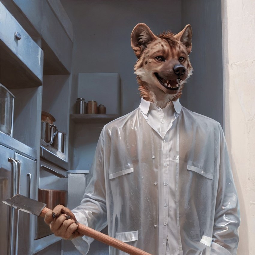 american_psycho anthro axe clothing coat dark_nose detailed_background dialogue fur holding_object hyena_fur inside kitchen male markings melee_weapon multicolored_body multicolored_fur open_mouth parody raincoat solo spots spotted_markings standing teeth teeth_showing topwear weapon k3y hyaenid mammal meme