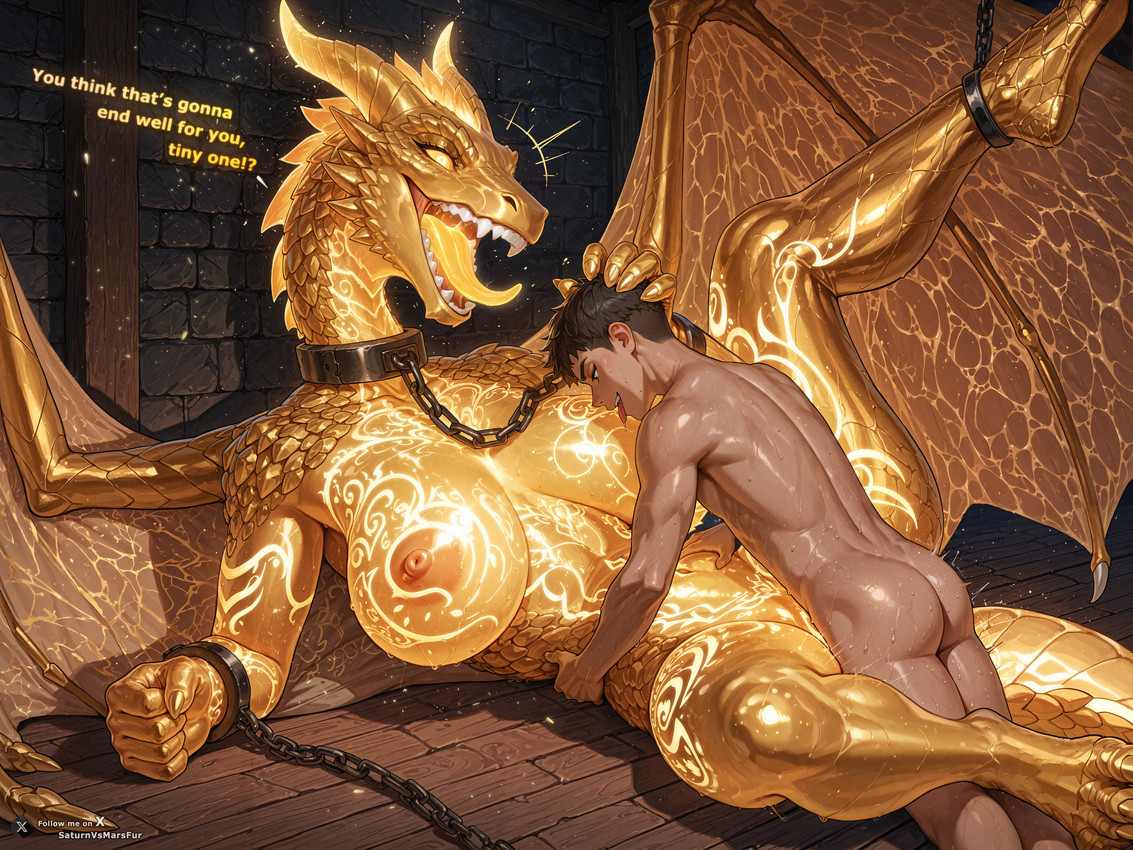 anthro anthro_penetrated bed big_breasts big_butt bodily_fluids breasts butt chain collar curvaceous curvy_figure dialogue duo feet female female_anthro female_on_human female_penetrated furniture genitals glistening glistening_body glistening_breasts glowing glowing_markings glowing_mouth glowing_tattoo gold_scales handcuff happy happy_sex hourglass_figure huge_ass huge_breasts human_on_anthro human_penetrating human_penetrating_anthro human_penetrating_female interspecies larger_female larger_penetrated legs_up light-skinned_male logo looking_at_another lying lying_on_back male male/female male_on_anthro male_penetrating male_penetrating_anthro male_penetrating_female markings motion_blur motion_lines multicolored_body muscular muscular_male mythology nipples nude on_bed penetration penis scales seductive sex sharp_teeth size_difference small_dom_big_sub smaller_male smile spread_legs spreading sweat tail tattoo teeth text tongue tongue_out two_tone_body vaginal vaginal_penetration voluptuous wet saturnvsmarsfurry dragon human mammal mythological_creature mythological_scalie reptile scalie absurd_res detailed director_name english_text hi_res