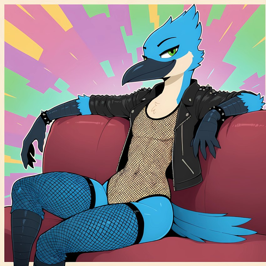 anthro beak blue_body blue_feathers clothing feathers fishnet fishnet_clothing fishnet_legwear fishnet_topwear furniture green_eyes jacket leather leather_clothing leather_jacket leather_topwear legwear male on_sofa scuted_arms scuted_legs scutes sitting sitting_on_sofa sofa solo tail_feathers topwear luuklook luuklook_(kingfisher_form) avian bird coraciiform kingfisher absurd_res hi_res