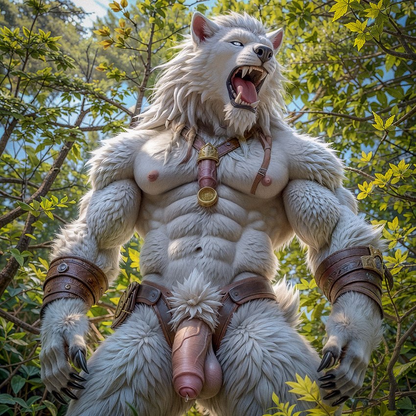 anthro balls belt bodily_fluids bracelet claws dreadlocks fangs flaccid foreskin forest fur genital_fluids genitals hair jewelry leather_straps long_hair low-angle_view male muscular navel open_mouth pecs penis plant precum roaring solo tongue tree white_body white_eyes white_fur wolfs-chaser rengar_(league_of_legends) canid canine canis felid feline hybrid mammal pantherine tiger ursid were werecanid werecanine werewolf wolf hi_res portrait three-quarter_portrait