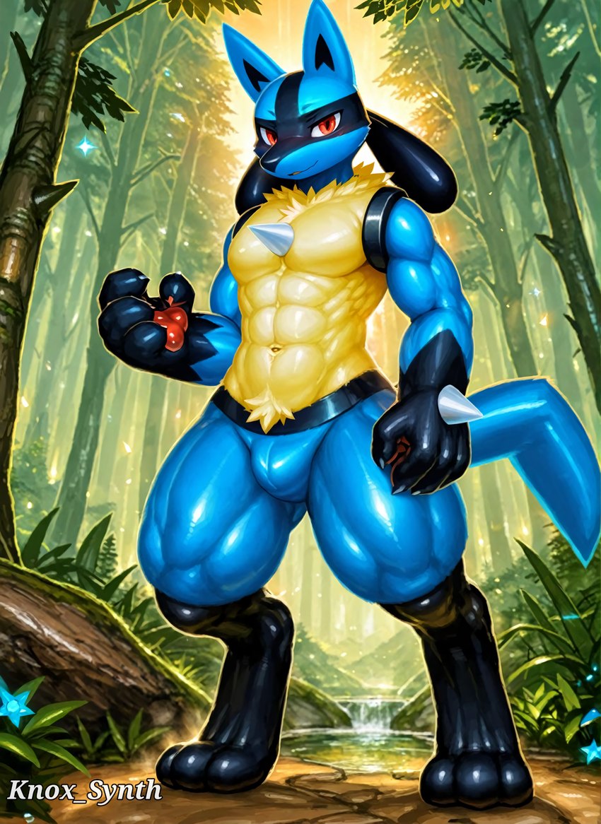 abs anthro blue_body blue_fur bulge chest_spike ears_up forest forest_background fur looking_at_viewer male muscular muscular_male nature nature_background plant red_eyes smile smiling_at_viewer solo spikes spikes_(anatomy) standing tail tree knox_synth canid canine canis generation_4_pokemon lucario mammal pokemon_(species) absurd_res hi_res