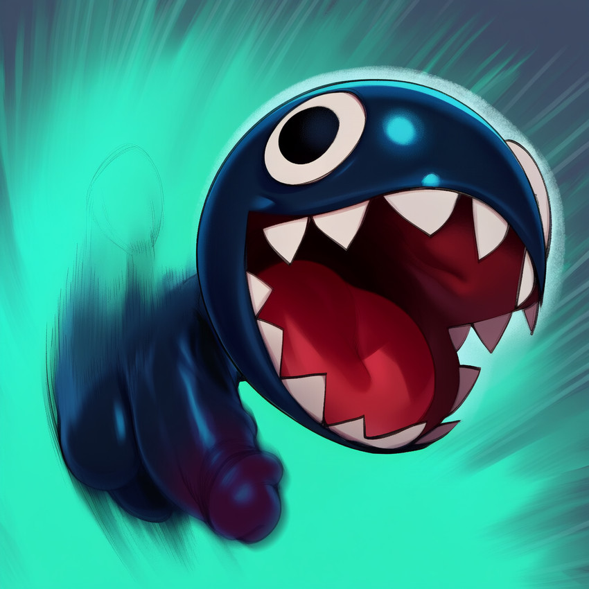 balls big_penis blue_body erection genitals glans glistening humanoid_genitalia humanoid_penis looking_at_viewer male open_mouth penis sharp_teeth simple_background smile solo teeth tongue hellsonger mario_bros nintendo chain_chomp waddling_head