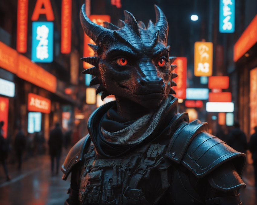 anthro armor black_body black_scales blurred_background city city_background cityscape clothing cyberpunk female horn military_uniform night_sky photorealism photorealistic red_eyes scales scarf solo tactical_gear uniform urban_background adragocult dragon scalie hi_res