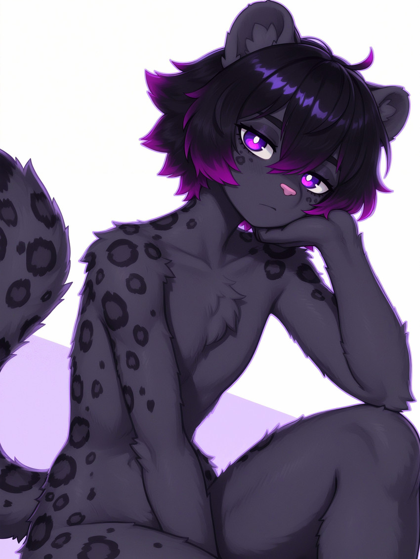 anthro black_body black_fur chest_tuft expressionless fur hair_between_eyes half-closed_eyes head_on_hand highlights_(coloring) knee_up leaning looking_at_viewer male narrowed_eyes nude outline pink_nose pupils purple_background purple_eyes purple_highlights purple_outline simple_background solo spots tail tuft white_background white_pupils cosmicelement ash_(cosmicelement) felid mammal pantherine snow_leopard hi_res