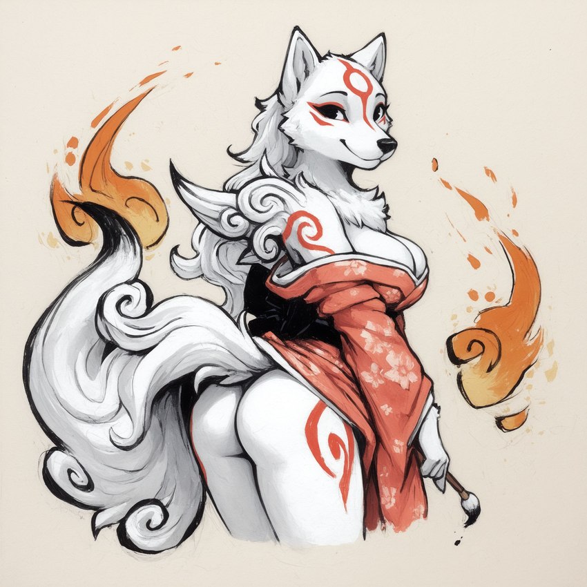 anthro anthrofied arm_tuft asian_clothing big_breasts black_nose black_sclera bottomless breasts brush butt chest_tuft cleavage cleavage_overflow clothed clothing east_asian_clothing female fire fur hair holding_object japanese_clothing kimono long_hair looking_at_viewer looking_back markings no_underwear off_shoulder paintbrush presenting presenting_hindquarters rear_view red_markings shoulder_tuft side_boob simple_background smile solo standing tail tuft white_background white_body white_fur white_hair anonymous_director okami_(capcom) amaterasu_(okami) canid canine canis deity mammal wolf hi_res portrait shaded three-quarter_portrait