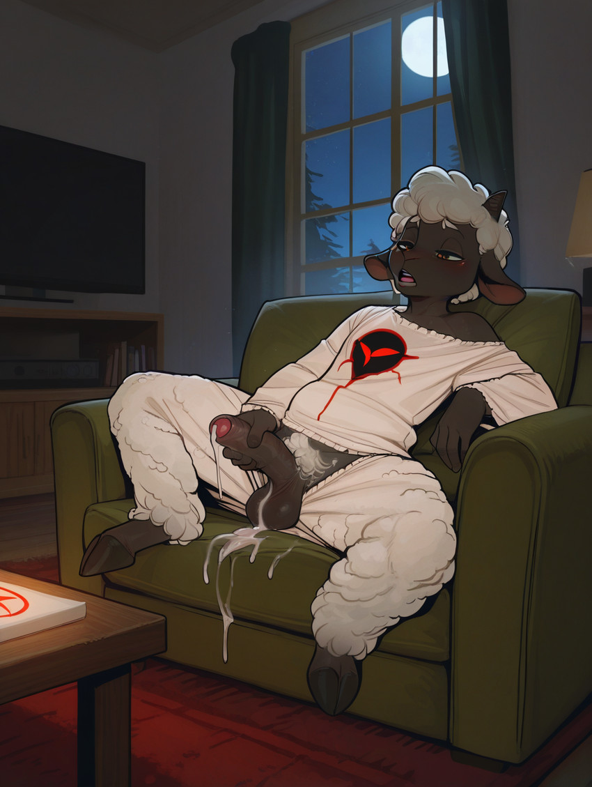 anthro balls balls_out big_penis black_body blush bodily_fluids clothed clothing clothing_aside cloven_hooves cum foreskin fur genital_fluids genitals hair half-closed_eyes hooves horn light male masturbation moonlight narrowed_eyes night nightgown open_mouth penis pubes satisfied sleepwear solo white_body white_fur white_hair milky-white lamb_(cult_of_the_lamb) bovid caprine mammal sheep hi_res