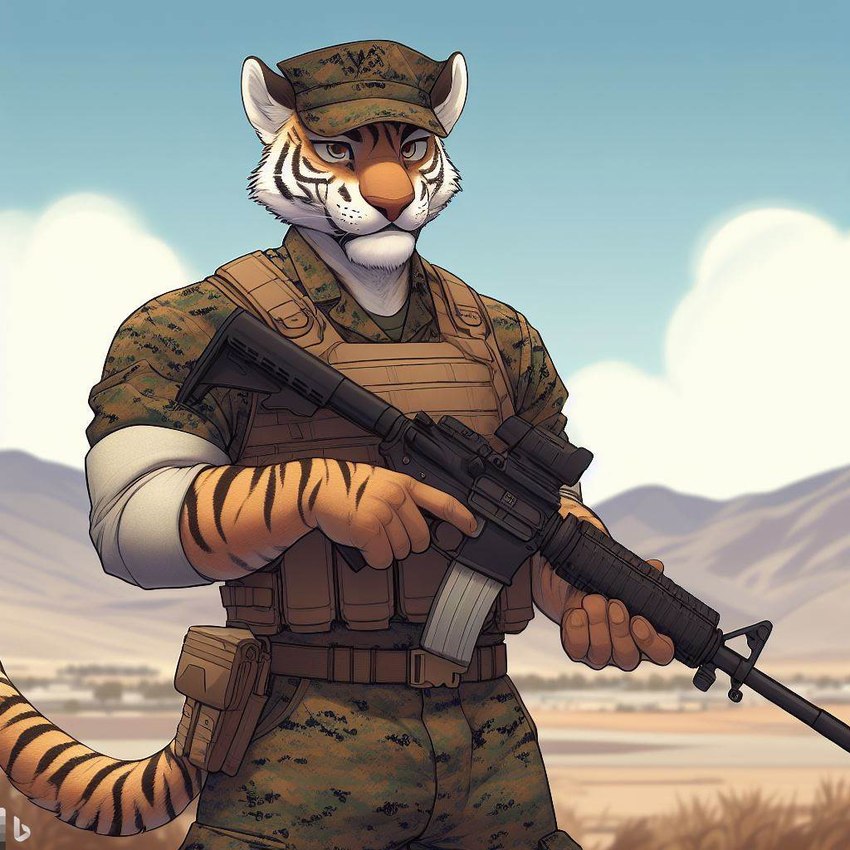 5_fingers anthro armor ballistic_vest belt black_stripes clothing desert fingers fur gun male markings military military_uniform mountains orange_body orange_fur ranged_weapon rifle solo striped_body striped_fur striped_markings striped_tail stripes tail_markings uniform weapon nikkolaus felid mammal pantherine tiger