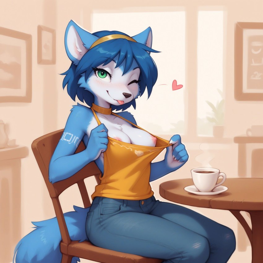 <3 accessory anthro areola beverage blep blue_body blue_fur blue_hair breasts chair clothing coffee container cup detailed_background female flashing flashing_breasts fur furniture green_eyes hair hair_accessory hairband looking_at_viewer nipples on_chair one_eye_closed sitting sitting_on_chair smile smiling_at_viewer solo table tongue tongue_out white_body white_fur wink verbotenvertex nintendo star_fox krystal canid canine fox mammal absurd_res hi_res