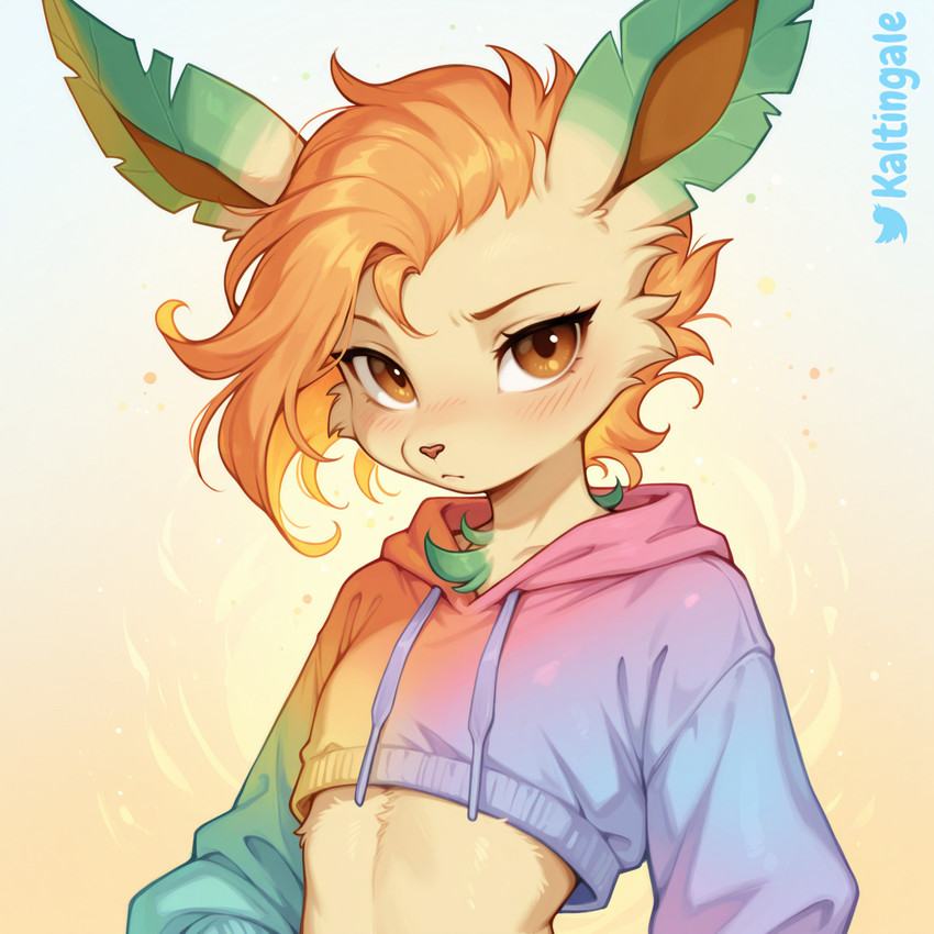 anthro blush brown_eyes clothed clothing cropped_hoodie front_view fur hair hoodie long_ears looking_at_viewer male orange_hair short_hair simple_background slim solo tan_body tan_fur topwear kaltingale_(director) nintendo pokemon eeveelution generation_4_pokemon leafeon pokemon_(species) 1:1 director_name hi_res portrait watermark