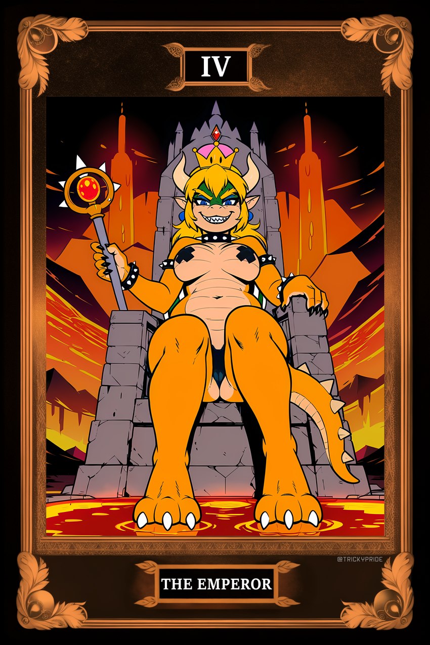 3_toes 5_fingers anthro blonde_hair blue_eyes bowsette bracelet camel_toe card chair claws collar crossgender crown ear_piercing ear_ring feet female fingers fortune_telling front_view furniture gender_transformation grin grinning_at_viewer hair holding_object holding_staff horn humanoid_pointy_ears jewelry latex lava long_hair looking_at_viewer looking_down_at_viewer low-angle_view nail_claws nails navel nipple_tape pasties piercing ring_piercing rule63 sharp_teeth sitting sitting_on_throne smile smiling_at_viewer solo spiked_bracelet spiked_collar spiked_tail spikes spikes_(anatomy) staff tape tarot tarot_card teeth text throne toe_claws toes transformation white_horn trickypride bowser reptile scalie turtle tail absurd_res hi_res watermark