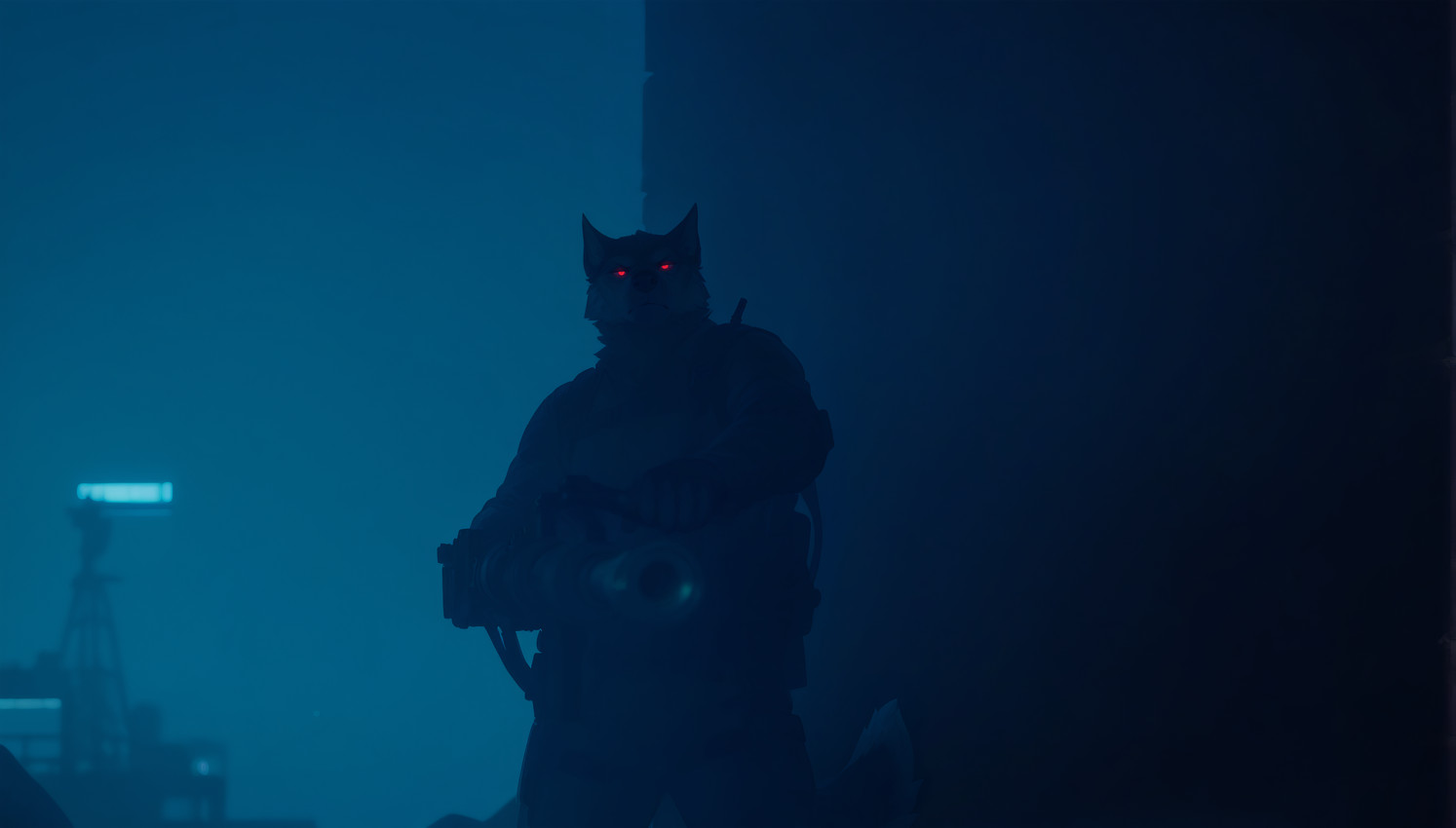 5_fingers aiming_at_viewer annoyed anthro blue_background blue_sky blurred_background clothing dim_lighting fingers gloves handwear heavy_weapon holding_object holding_weapon looking_at_viewer male military_uniform outside red_eyes simple_background sky solo uniform wall_(structure) weapon adragocult canid canine canis mammal t-800_series_(terminator) wolf absurd_res hi_res monochrome portrait restricted_palette three-quarter_portrait