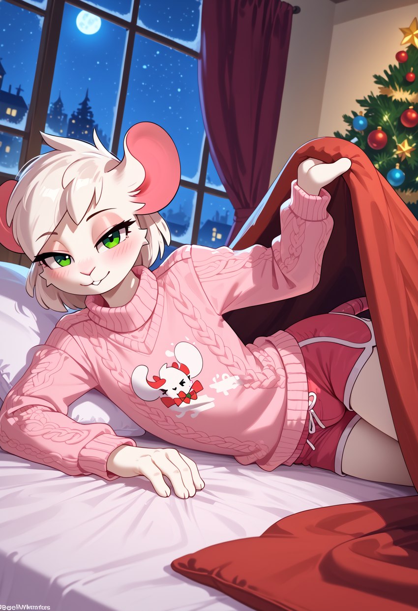 anthro bed bedroom bedroom_eyes big_ears blush christmas_clothing christmas_tree clothed clothing fur furniture girly green_eyes hair inside inviting looking_at_viewer male narrowed_eyes night plant seductive smile snow snowing solo tree white_body rima_cellus reggie_(whygena) mammal mouse murid murine rodent 2:3 colored colorful detailed digital_media_(artwork) hi_res