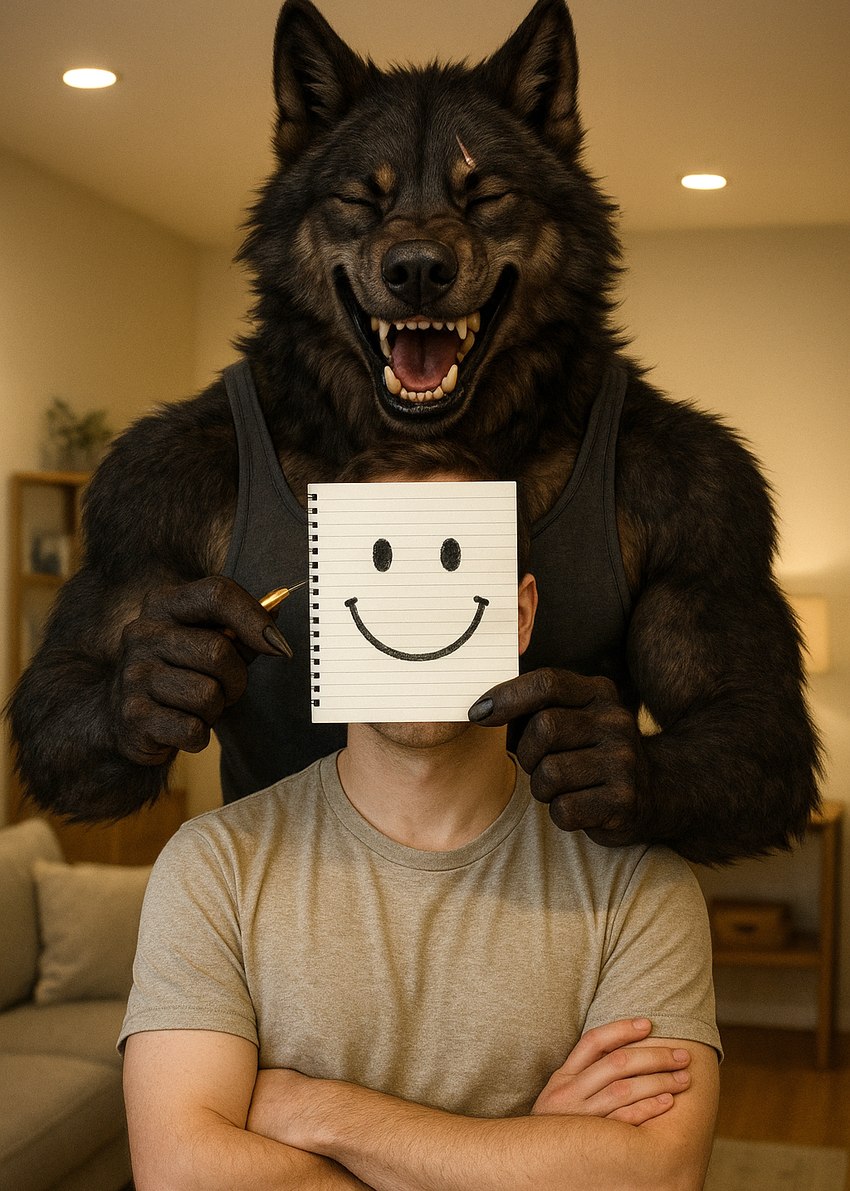 anthro arms_crossed clothed clothing dark_body dark_fur drawing duo eyes_closed fangs front_view fur happy holding_object inside laughing living_room male obscured_face open_mouth paper photorealism photorealistic realistic realistic_fur scar sharp_teeth shirt size_difference smile tank_top teeth tongue topwear delken canid canine canis human mammal wolf hi_res