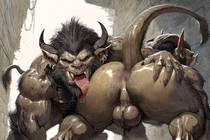 anthro anus backsack balls butt duo female genitals imminent_oral imminent_sex licking male male/male presenting presenting_anus presenting_hindquarters tongue tongue_out hyperion charr felid mammal