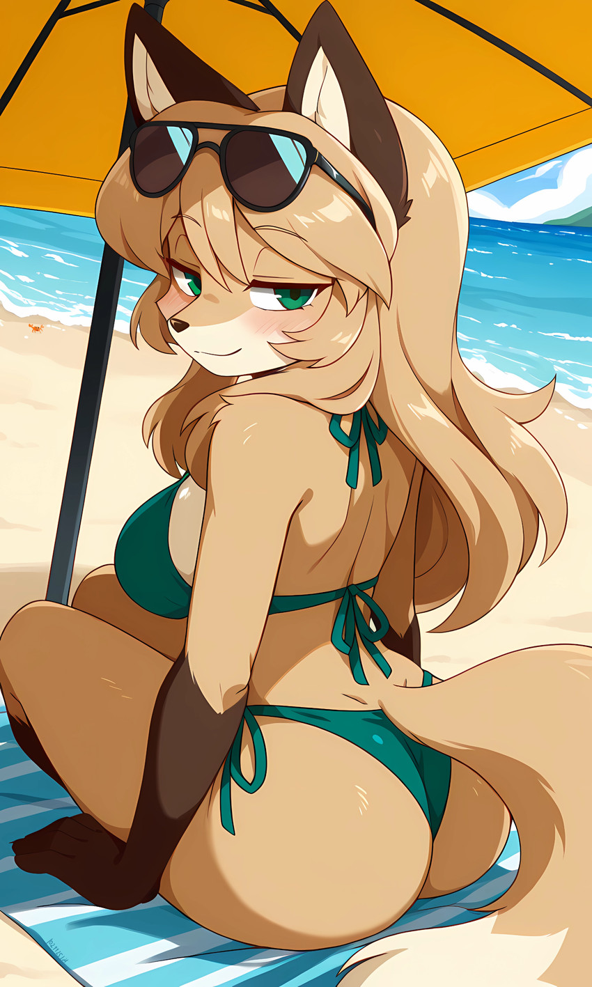 anthro beach bikini blush breasts brown_body brown_fur bubble_butt butt clothing eyewear female fur green_clothing green_eyes looking_at_viewer medium_breasts orange_body orange_fur rear_view seaside solo sunglasses swimwear henriqueplytz averi_(fiddleafox) absurd_res hi_res