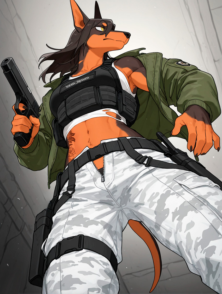 animal_genitalia anthro arctic army belt bottomwear brown_body bulletproof_vest camo camo_bottomwear camo_clothing camo_print clothed clothing countershading dark_body dark_fur female fur genitals gun handgun holster jacket military open_bottomwear open_clothing open_pants orange_body orange_countershading orange_fur pants pattern_bottomwear pattern_clothing ranged_weapon sheath shirt simple_background solo straps tail tank_top topwear torn_clothing weapon yellow_eyes loren_iipsum canid canine canis dobermann domestic_dog mammal pinscher hi_res