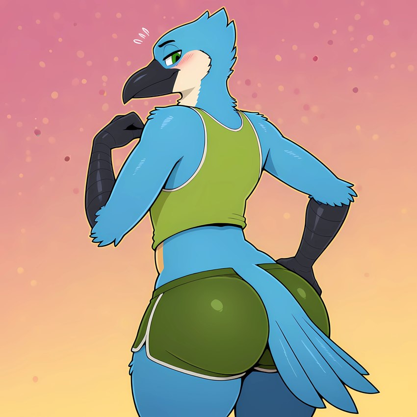 anthro beak blue_body blue_feathers blush bottomwear butt clothing feathers green_eyes male rear_view scuted_arms scutes shirt shorts solo standing tail_feathers tank_top topwear luuklook luuklook_(kingfisher_form) avian bird coraciiform kingfisher absurd_res hi_res