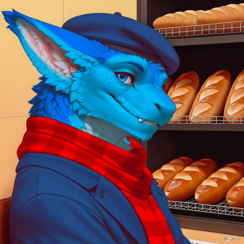 anthro baguette bakery beret blue_body blue_eyes blue_fur bread chair clothing coat counter fangs food freckles fur furniture hat headgear headwear inner_ear_fluff inside long_ears looking_at_viewer male mythology on_chair red_scarf scarf sitting sitting_on_chair smile solo teeth topwear tuft chrisphoenix chris_(chrisphoenix) dragon furred_dragon mythological_creature mythological_scalie scalie absurd_res hi_res