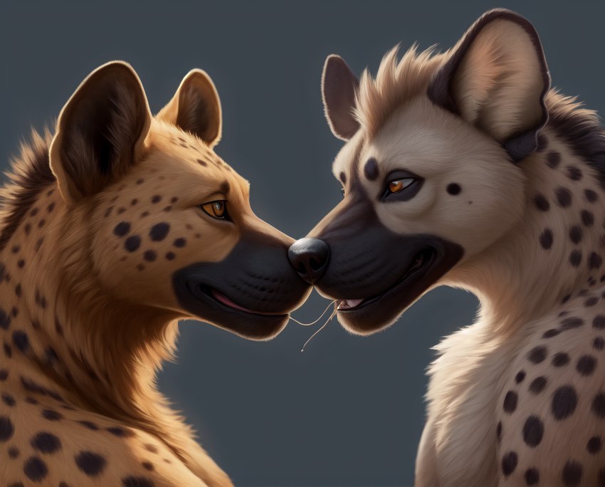 anthro black_nose duo female fur grey_background kissing male multicolored_body multicolored_fur open_mouth orange_eyes pink_tongue saliva_strings simple_background spots tan_body tan_fur tongue cow_of_fire hyaenid mammal spotted_hyena 1:1