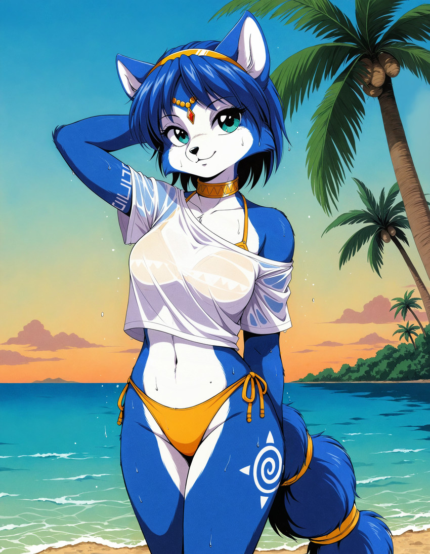 accessory arm_markings arm_tuft beach bikini bikini_bottom black_nose blue_body blue_eyes blue_fur blue_hair breasts cheek_tuft choker circlet clothed clothing cloud collar collarbone countershade_face countershade_torso countershading day detailed_background eyebrow_through_hair eyebrows eyelashes facial_tuft female food fruit fur furgonomic glistening gold_(metal) gold_jewelry green_eyes hair hair_accessory hairband hand_behind_back hand_behind_head hand_on_head hands_behind_back hands_behind_head headband inner_ear_fluff jewelry kemono leg_markings looking_at_viewer markings medium_breasts midriff multicolored_body multicolored_fur navel necklace off_shoulder outside palm_tree plant ring sand sea seaside shirt short_hair side-tie_bikini side-tie_clothing side-tie_swimwear sky smile solo standing string_bikini sunset swimwear t-shirt tail tail_accessory tail_jewelry tail_ring tailband tattoo thigh_markings topwear translucent translucent_clothing translucent_hair translucent_topwear tree tribal tribal_markings tribal_tattoo tuft two_tone_body water wet wet_body wet_clothing wet_shirt wet_topwear white_body white_clothing white_fur white_shirt white_topwear yellow_bikini yellow_clothing yellow_swimwear hank94_(director) nintendo star_fox krystal_(star_fox) canid canine fox mammal hi_res portrait three-quarter_portrait