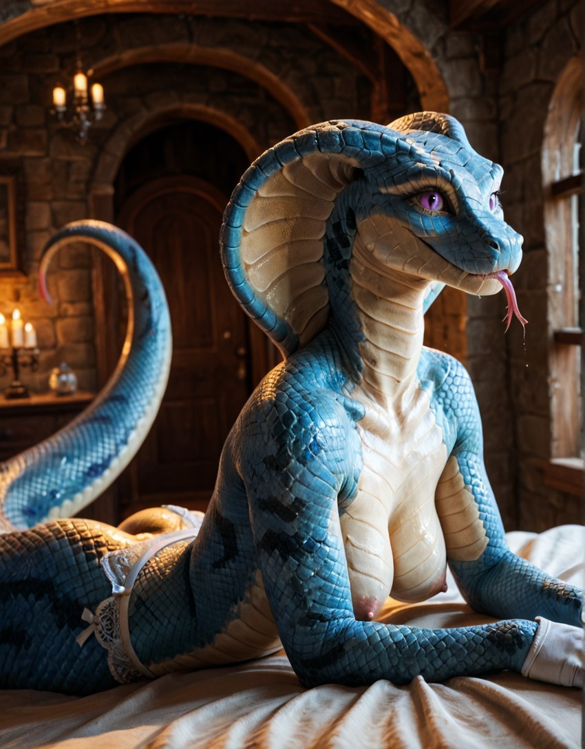 anthro bed blue_body blue_scales breasts clothing countershading female fingerless_gloves forked_tongue furniture gloves handwear long_tongue lying lying_on_bed on_bed purple_eyes scales snake_hood tongue niru humanoid reptile scalie snake hi_res