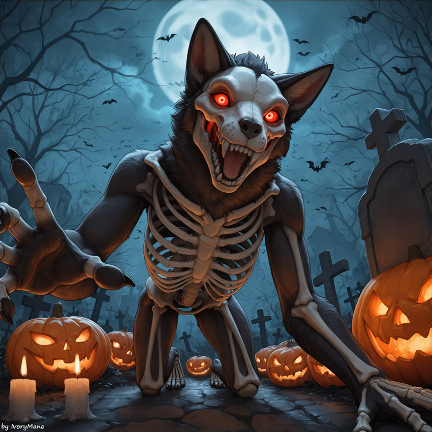 anthro bone candle cemetery fangs female food fruit glowing glowing_eyes jack-o'-lantern looking_at_viewer moon night plant pumpkin reaching_towards_viewer red_eyes skeleton skull solo teeth tombstone ivorymane halloween_2025 canid canine mammal watermark