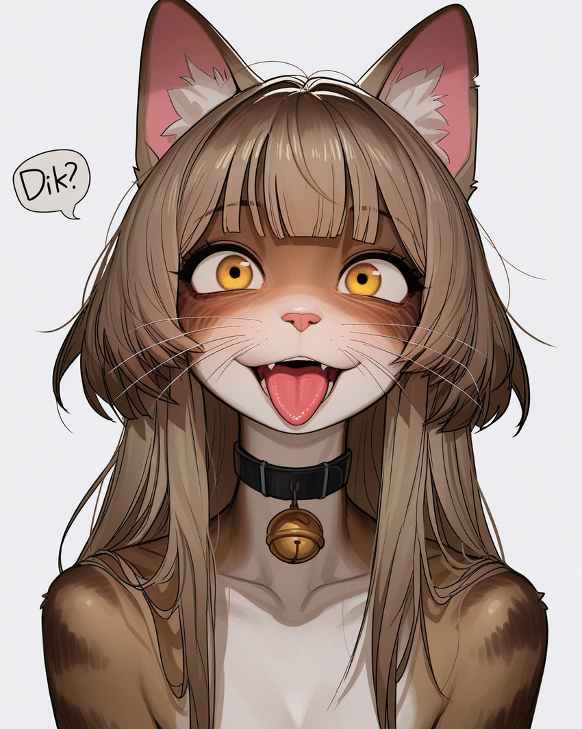 anthro bell bell_collar brown_hair collar cute_fangs female hair long_hair looking_at_viewer open_mouth simple_background solo tongue tongue_out whiskers white_background yellow_eyes cartuniverse domestic_cat felid feline felis mammal hi_res