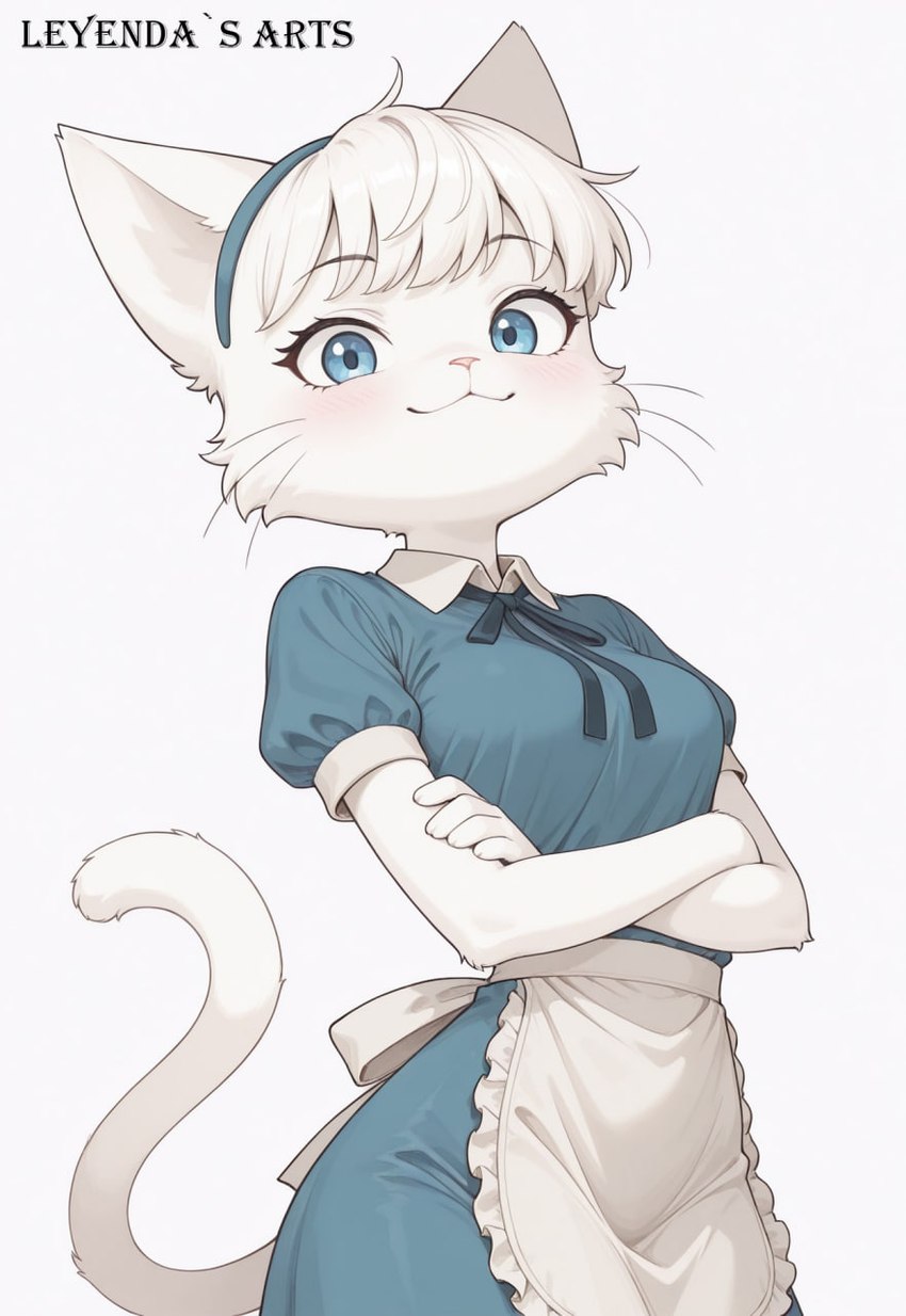anthro blue_clothing blue_dress blue_eyes clothing crossed_arms dress female fluffy_fur fur mia_(vkontakte) simple_background smile solo tail white_apron white_background white_body white_fur leyendas_arts vkontakte felid feline mammal hi_res