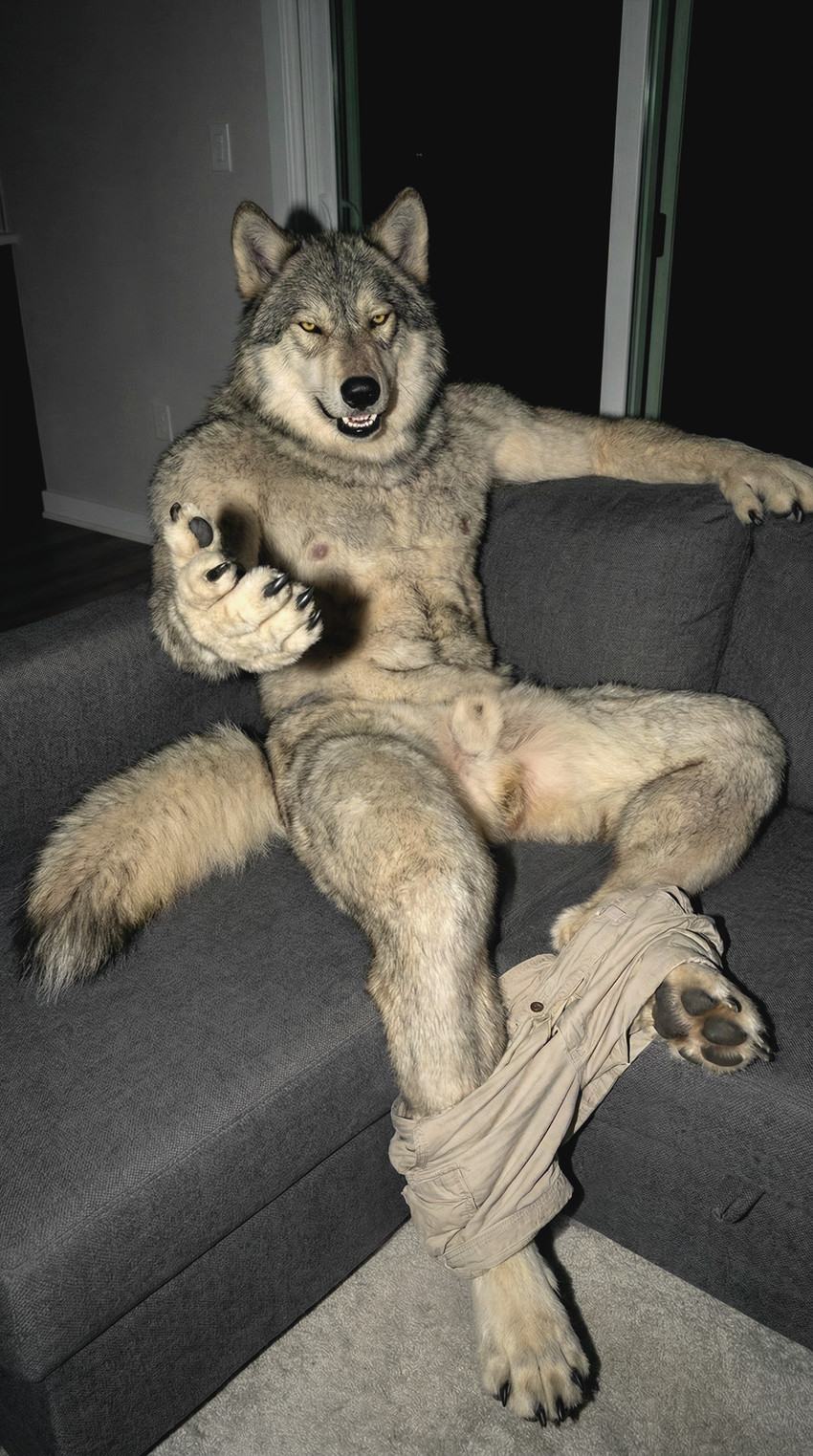 anatomically_correct anatomically_correct_genitalia animal_genitalia anthro balls bottomwear claws clothed clothing detailed_fur fluffy_balls front_view fully_sheathed fur furniture genitals grey_body grey_fur inside living_room looking_at_viewer male muscular muscular_anthro muscular_male neck_tuft nipples on_sofa partially_clothed pawpads paws photorealism reaching_towards_viewer realistic realistic_fur realistic_lighting sheath shorts shorts_down sitting sitting_on_sofa sofa solo spread_legs spreading tail tan_body tan_fur teeth tuft undressing yellow_eyes delken canid canine canis mammal wolf detailed hi_res