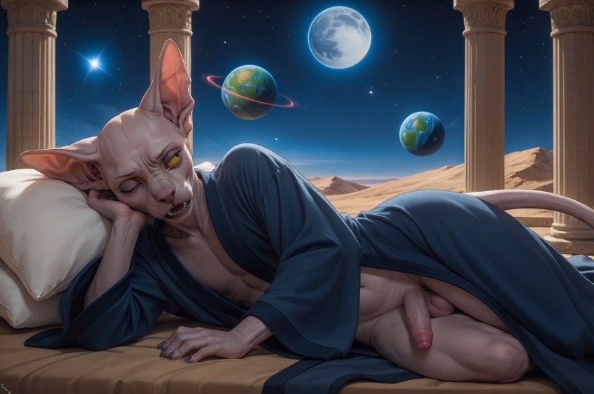 anthro balls bed black_eyes blue_clothing blue_robe bored_expression clothed clothing desert foreskin furniture genitals grey_body hairless hand_on_head hill humanoid_genitalia humanoid_penis looking_away lying male moon navel on_side one_eye_closed open_mouth partially_clothed penis pillar pillow pink_nose planet robe solo space star yellow_sclera fenix_ai deity domestic_cat felid feline felis hairless_cat mammal sphynx_(cat)