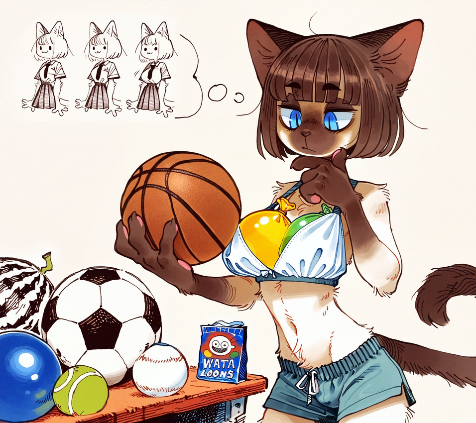 anthro ball balloon baseball_(ball) basketball blue_eyes bottomwear bra bra_stuffing brown_hair clothed clothing crossdressing femboy food furniture hair hand_on_chin inflatable inner_ear_fluff male plant prick_ears school_uniform shorts soccer_ball solo table tennis_ball thought_bubble tuft underwear uniform vegetable anonymous_director invoke_high felid feline mammal hi_res