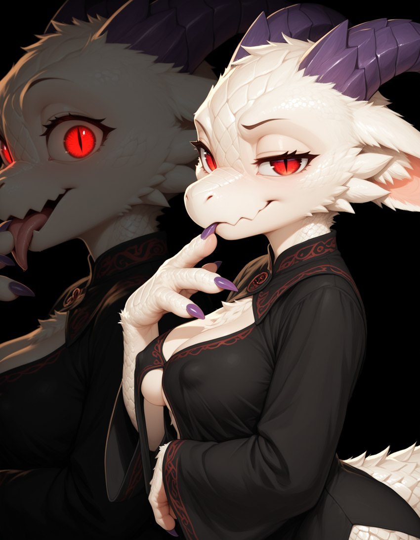 4_fingers big_breasts black_background black_clothing breasts claws cleavage clothed clothing eyelashes female female_anthro finger_claws fingers forked_tongue fur horn horny licking looking_at_viewer medium_breasts mythology nipple_outline non-mammal_breasts pupils red_eyes scales seductive side_view simple_background slit_pupils smile solo tail tongue tongue_out tuft white_body white_fur white_scales zoom_layer fluffscaler hymonie_fluffscale(fluffscaler) dragon furred_dragon furred_scalie kobold mythological_creature mythological_scalie scalie hi_res shaded