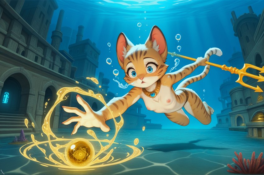 anthro blue_eyes breasts bubble chest_tuft city curious female fur gold_(metal) gold_jewelry holding_object holding_weapon inner_ear_fluff jewelry light light_beam magic necklace nipples orange_body orange_fur orb pink_nose reach_around sea small_breasts solo stripes sunbeam sunlight tuft underwater underwater_view water weapon fenix_ai anthozoan cnidarian coral felid mammal marine