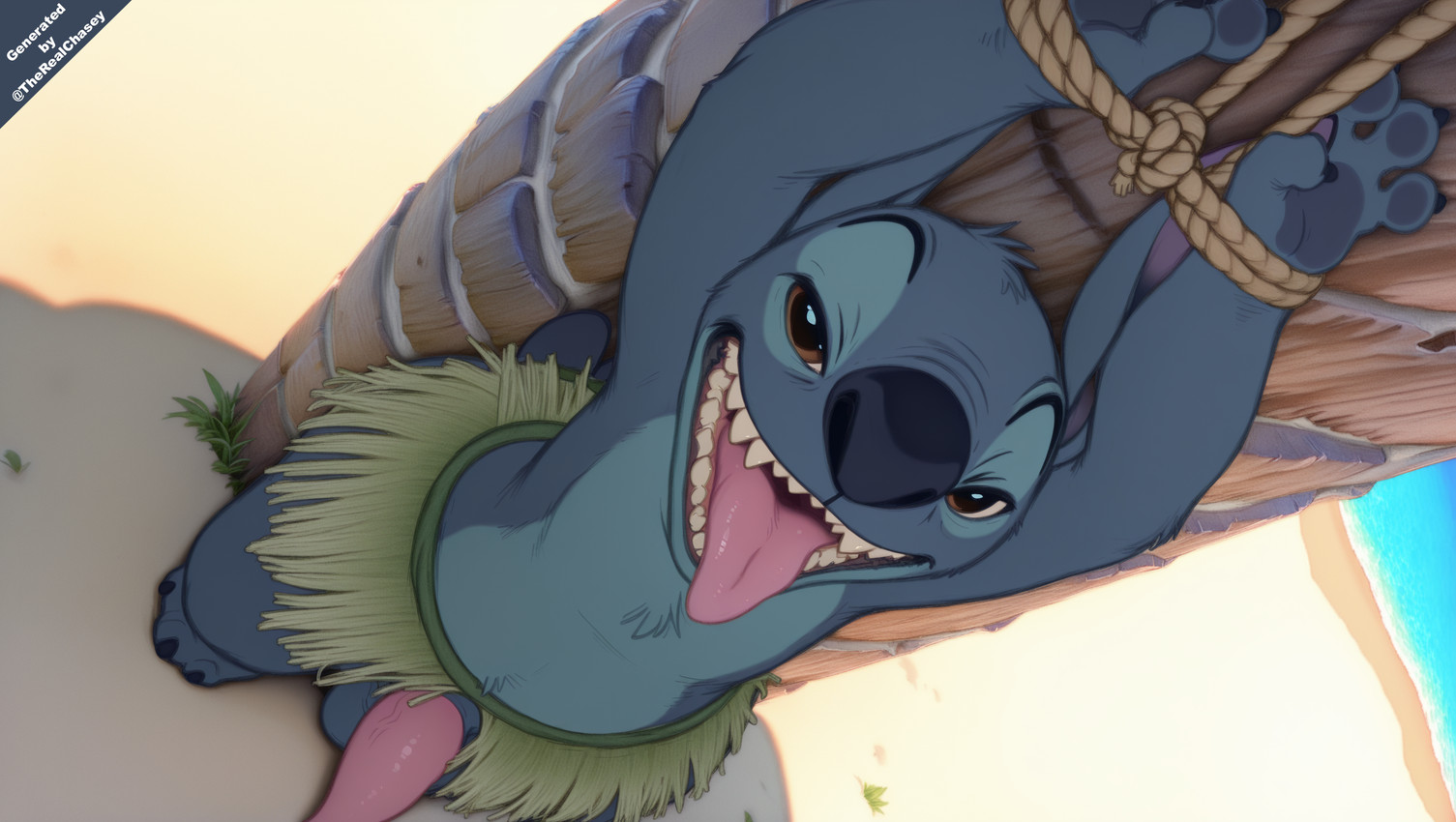anthro arms_tied beach beach_background bedroom_eyes bound director_name disney genitals grass_skirt male narrowed_eyes penis seaside seductive solo tapering_penis text tongue tongue_out chase_summerfield lilo_and_stitch stitch_(lilo_and_stitch) english_text hi_res