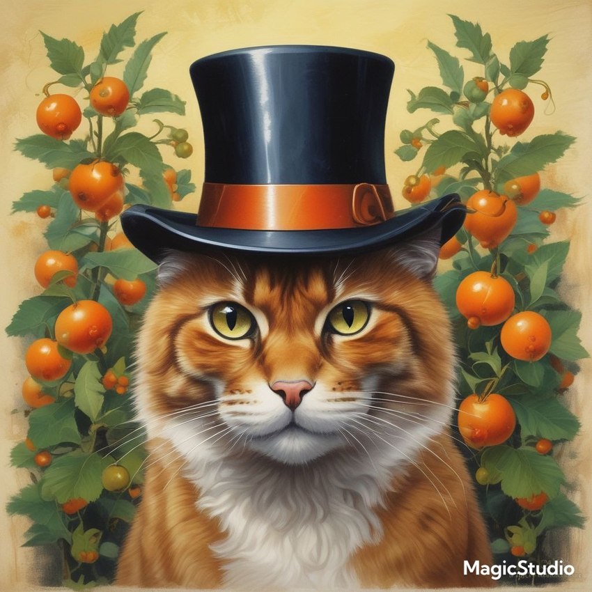 berry clothing feral food fruit fur green_eyes hat headgear headwear looking_at_viewer male multicolored_body multicolored_fur orange_body orange_fur pink_nose plant simple_background tan_background top_hat whiskers cow_of_fire domestic_cat felid feline felis mammal 1:1