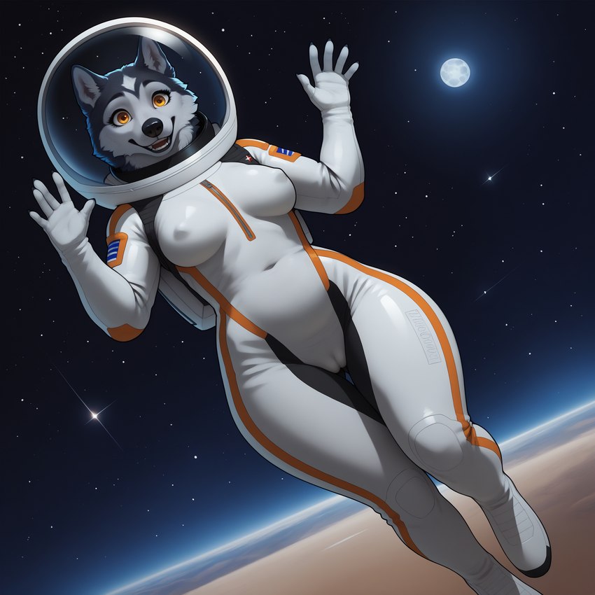 anthro black_nose breasts camel_toe cheek_tuft clothed clothing curvy_figure ears_up facial_tuft female front_view fully_clothed fur gesture grey_body grey_fur headgear headwear inner_ear_fluff mature_female medium_breasts moon navel_outline nipple_outline open_mouth planet smile smiling_at_viewer solo space spacesuit star tuft voluptuous waving white_body white_clothing white_fur wide_hips yellow_eyes unknown_director canid canine canis domestic_dog husky mammal nordic_sled_dog spitz hi_res