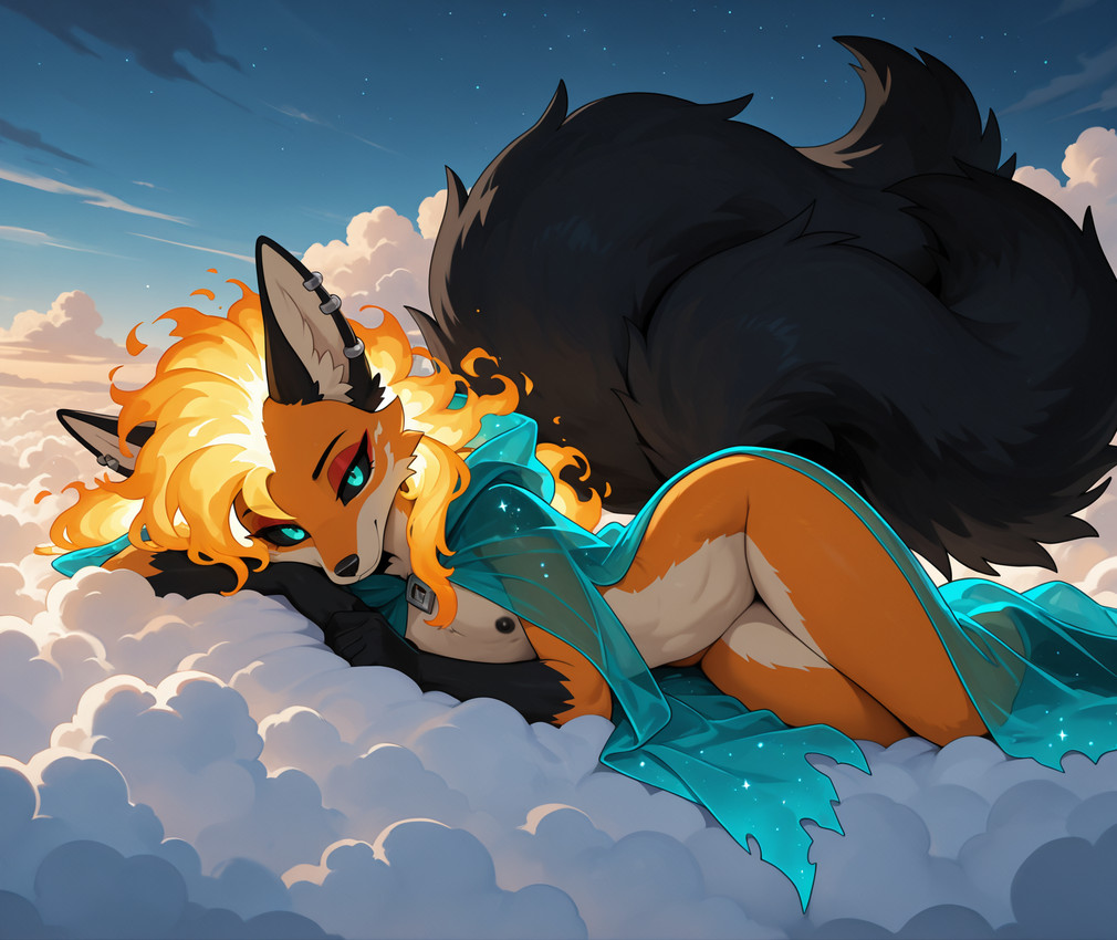 anthro black_nipples black_tail blonde_hair cloak clothing cloud cloudscape ear_piercing fire flaming_hair hair looking_at_viewer lying male multi_tail nipples on_side orange_body piercing pseudo_hair sky smile solo rueky rueky_(character) canid canine fox mammal hi_res
