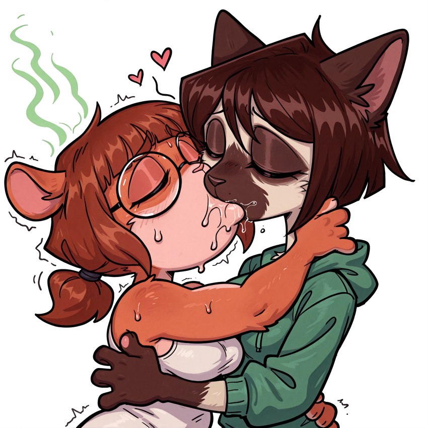 anthro biped bodily_fluids breasts drooling duo embrace eyewear female glasses hug inner_ear_fluff kissing prick_ears saliva smelly tuft anonymous_director invoke_high felid feline mammal mouse murid murine rodent 1:1 hi_res
