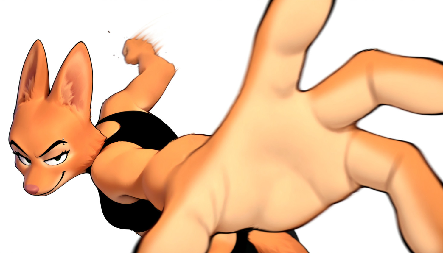4_fingers action_pose bedroom_eyes black_clothing bottomwear bra breasts clothed clothing eyebrow_piercing eyebrows facial_piercing female fingers fur kick looking_at_viewer motion_blur narrowed_eyes orange_body orange_fur piercing pink_nose pose punch seductive shorts simple_background smile smirk smug solo sports_bra topwear underwear white_background hank94_(director) the_bad_guys diane_foxington canid canine fox mammal hi_res meme