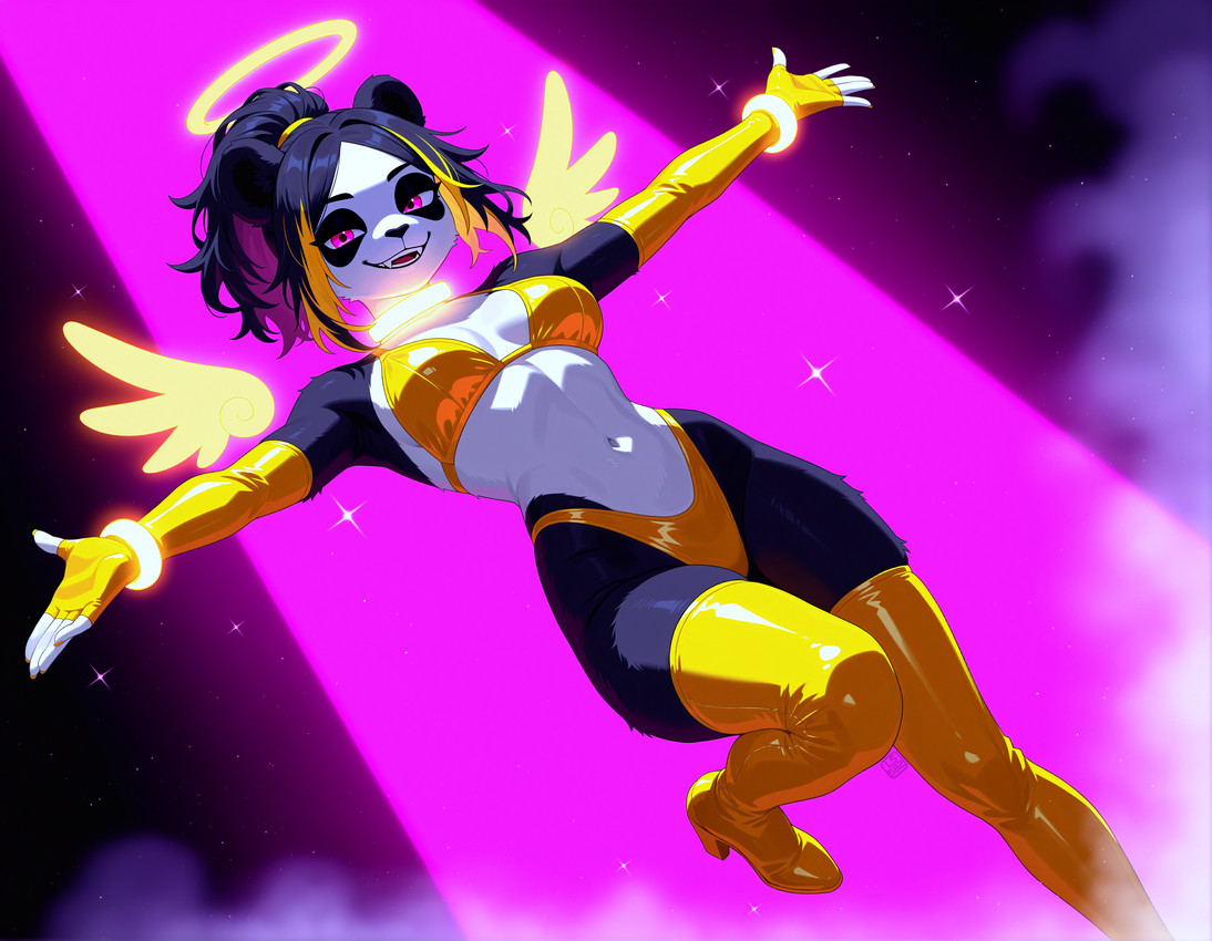 anthro armwear bent_leg bikini black_hair blonde_highlights boots breasts clothing colored_nails dutch_angle elbow_gloves fake_wings fangs female fingerless_gloves floating fog footwear gloves glowing glowing_collar glowing_wings hair halo handwear high_heeled_boots high_heels high_ponytail highlights_(coloring) legwear light light_beam looking_at_viewer low-angle_view medium_breasts medium_hair messy_hair nails outstretched_arms pink_eyes pink_light ponytail round_ears simple_background slim smile solo sparkles swimwear teeth thigh_boots thigh_highs wings wristband yellow_bikini yellow_clothing yellow_nails yellow_swimwear ls582 giant_panda mammal ursid absurd_res hi_res portrait three-quarter_portrait watermark