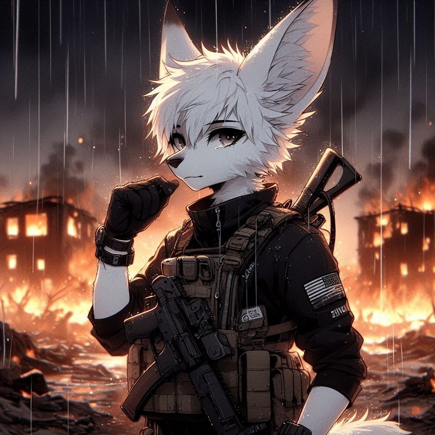 anthro black_clothing black_nose burning_building clock clothing dall-e_3 fire fur gloves grey_eyes gun handwear male outside raining ranged_weapon soldier solo tactical_gear warrior watch weapon white_body white_fur wristwatch lucifluffy wilek canid canine fennec fox mammal