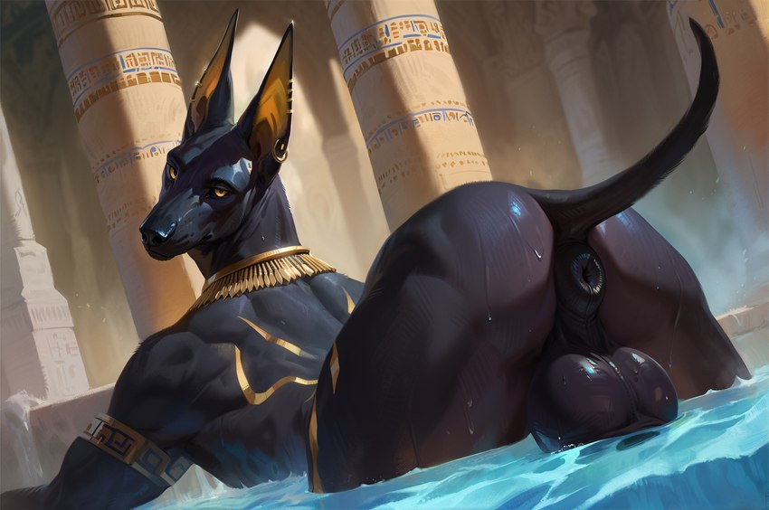 all_fours animal_genitalia anthro anus arched_back ass_up backsack balls big_balls black_anus black_balls black_body black_fur black_nose black_perineum butt detailed_background ear_piercing ear_ring egyptian fur genitals glistening glistening_body gold_(metal) gold_markings in_pool inside jewelry looking_at_viewer looking_back looking_back_at_viewer male markings muscular muscular_male necklace neckwear nude partially_submerged perineum piercing pillar pool presenting presenting_anus presenting_balls presenting_hindquarters puffy_anus raised_tail rear_view ring_piercing saggy_balls seductive solo swimming_pool temple water wet yellow_eyes anonymous_director anubis anubian_jackal canid canine canis deity jackal mammal