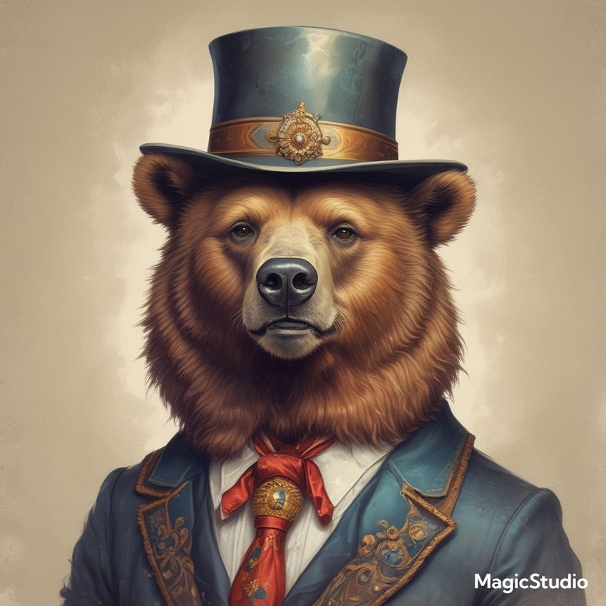 anthro black_nose brown_body brown_fur clothed clothing fur hat headgear headwear jacket looking_at_viewer male necktie shirt simple_background solo tan_background top_hat topwear cow_of_fire brown_bear mammal ursid ursine 1:1