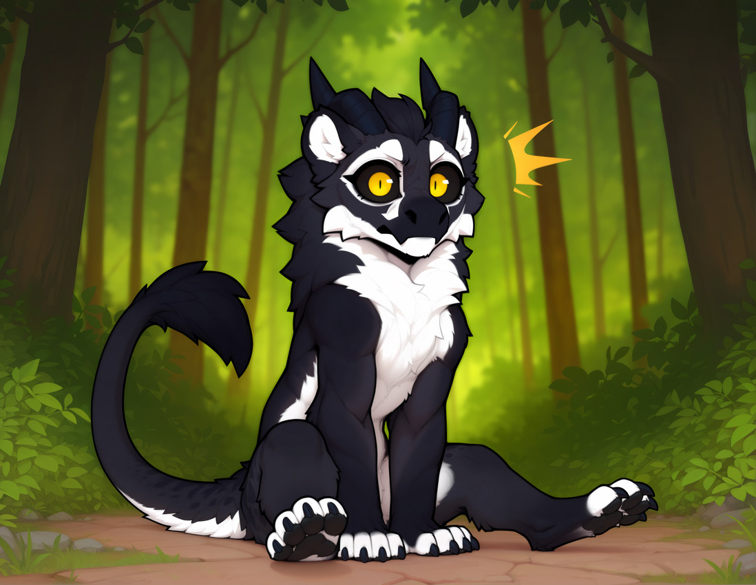 4_toes 5_fingers angry annoyed big_eyes black_body black_claws black_fur black_horn black_pawpads black_sclera chibi claws emanata feet feral fingers fur fur_markings grass horn looking_at_viewer male markings nature nature_background neck_tuft on_ground pawpads plant sitting_on_ground solo tail_tuft toes toony tree tuft white_body white_fur yellow_eyes adragocult felkin absurd_res hi_res